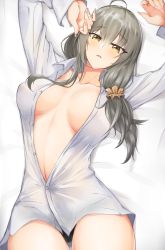Rule 34 | 1girl, absurdres, bad id, bad pixiv id, bed, black panties, blush, breasts, collarbone, girls&#039; frontline, grey hair, hands up, helianthus (girls&#039; frontline), highres, large breasts, long hair, looking at viewer, lying, nail polish, no bra, on back, open clothes, open mouth, open shirt, panties, saett, shirt, simple background, solo, underwear, white shirt, yellow eyes
