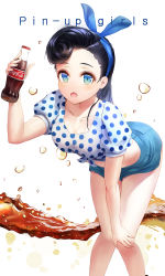 Rule 34 | 1girl, absurdres, aqua eyes, bad id, bad pixiv id, bare arms, bare legs, bent over, black hair, blue ribbon, breasts, coca-cola, collarbone, commentary, denim, drink, feet out of frame, hair ornament, highres, holding, holding drink, jeans, kian, large breasts, looking at viewer, medium hair, open mouth, original, pants, polka dot, polka dot shirt, puffy short sleeves, puffy sleeves, ribbon, shirt, short sleeves, shorts, solo