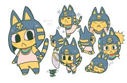 Rule 34 | &gt; &lt;, 1girl, :3, = =, animal crossing, animal ears, ankha (animal crossing), black eyes, blonde hair, blue hair, blush, blush stickers, body fur, bug, butterfly, butterfly net, cat ears, cat girl, cat tail, character sheet, closed eyes, closed mouth, colored skin, commentary request, cropped torso, disembodied limb, dress, flower, from behind, full body, furry, furry female, green eyes, hair ornament, hand net, hands on own face, holding, holding butterfly net, insect, jewelry, looking at viewer, looking back, multicolored hair, multiple views, nintendo, open mouth, outline, profile, rariatto (ganguri), rose, short hair, simple background, sleeping, sparkle, standing, standing on one leg, striped, swallowtail butterfly, sweatdrop, tail, translation request, two-tone hair, usekh collar, white background, white dress, white outline, yellow fur, yellow skin, zzz