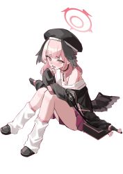 Rule 34 | 1girl, absurdres, black footwear, black hat, black shirt, blue archive, blush, full body, halo, hat, head wings, highres, knees up, koharu (blue archive), long hair, looking at viewer, loose socks, miniskirt, off shoulder, open mouth, pink eyes, pink hair, pleated skirt, purple skirt, sailor collar, shiro wa (shiroshironix), shirt, shoes, simple background, single bare shoulder, sitting, skirt, socks, solo, white background, wings