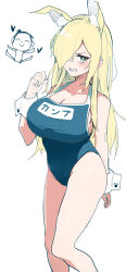 Rule 34 | 1girl, alternate costume, animal ear fluff, animal ears, arm behind back, blonde hair, blue archive, blue eyes, blue one-piece swimsuit, breasts, clenched teeth, doodle sensei (blue archive), haseneko, highres, kanna (blue archive), large breasts, long hair, looking at viewer, one-piece swimsuit, school swimsuit, sensei (blue archive), simple background, standing, swimsuit, teeth, white background