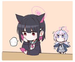 Rule 34 | 2girls, absurdres, ahoge, animal ears, b.t. (boob tong), black coat, black hair, black jacket, blue archive, blunt bangs, cat ears, cat girl, cellphone, chibi, coat, colored inner hair, commentary request, extra ears, hair between eyes, hair ornament, hairclip, halo, highres, holding, holding phone, hood, hooded jacket, jacket, kazusa (blue archive), long hair, looking at another, low twintails, multicolored hair, multiple girls, open clothes, open coat, open jacket, phone, pleated skirt, purple eyes, red eyes, reisa (blue archive), school uniform, serafuku, short hair, sidelocks, simple background, skirt, smartphone, spoken expression, star (symbol), star hair ornament, twintails, two-tone hair