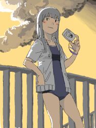 Rule 34 | 1girl, :|, against railing, arm rest, bad drawr id, bad id, bare legs, black eyes, blue one-piece swimsuit, blush stickers, breasts, closed mouth, cloud, day, grey hair, jacket, long hair, looking to the side, mensoubou, oekaki, one-piece swimsuit, original, outdoors, railing, short sleeves, sidelocks, sky, small breasts, solo, standing, swimsuit, white jacket, yellow sky