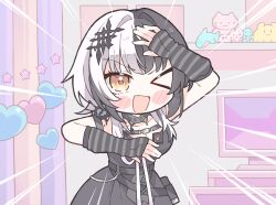Rule 34 | 1girl, arm up, black hair, blush, gloves, highres, hololive, hololive english, kukie-nyan, multicolored hair, needy girl overdose, one eye closed, shiori novella, shiori novella (1st costume), smile, solo, striped clothes, striped gloves, two-tone hair, virtual youtuber, white hair, yellow eyes