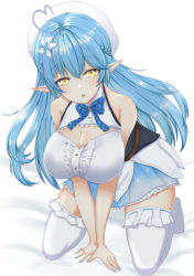 Rule 34 | 1girl, :o, ahoge, bare shoulders, blue hair, blue nails, blue skirt, bow, braid, breasts, cleavage, dark blue hair, detached collar, dress, flower, french braid, frilled shirt, frilled skirt, frilled thighhighs, frills, full body, hair between eyes, hair flower, hair ornament, half updo, heart, heart ahoge, hololive, kneeling, large breasts, long hair, multicolored hair, nail polish, no shoes, open mouth, own hands together, pointy ears, scarlet mirin, shirt, simple background, skirt, sleeveless, snowflake print, solo, strapless, strapless dress, streaked hair, thighhighs, thighs, two-tone hair, virtual youtuber, white background, white thighhighs, yellow eyes, yukihana lamy