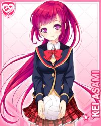 Rule 34 | 1girl, asami kei, ball, blue jacket, bow, character name, closed mouth, girlfriend (kari), holding, holding ball, jacket, looking at viewer, official art, pink background, pink eyes, pink hair, plaid, plaid skirt, ponytail, qp:flapper, red bow, red skirt, school uniform, shirt, skirt, smile, solo, tagme, vest, volleyball, volleyball (object), white shirt, yellow vest