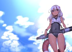 Rule 34 | 10s, 1girl, bad id, bad pixiv id, blonde hair, blue eyes, blush, cloud, collagen, covered navel, crop top, day, flower, hair flower, hair ornament, innertube, kantai collection, long hair, one-piece tan, ro-500 (kancolle), school swimsuit, school uniform, serafuku, sky, smile, solo, swim ring, swimsuit, swimsuit under clothes, tan, tanline, thighs, torpedo
