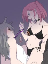 Rule 34 | alternate costume, animal ears, arm support, assertive female, asta (honkai: star rail), bare shoulders, black bra, black choker, black panties, blue eyes, blush, bra, braid, breasts, cesar zebrah, choker, collarbone, commentary, dog ears, dog girl, english commentary, girl on top, hand on another&#039;s thigh, highres, holding, holding leash, honkai: star rail, honkai (series), id card, leash, long hair, looking at another, medium breasts, multiple girls, navel, open mouth, panties, pink hair, shirt, simple background, sleeveless, sleeveless shirt, stelle (honkai: star rail), teeth, trailblazer (honkai: star rail), twitter username, underwear, upper teeth only, white shirt, yellow eyes, yuri