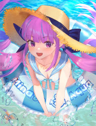 Rule 34 | 1girl, :d, absurdres, banned artist, bare arms, bare shoulders, blue ribbon, blunt bangs, breasts, character name, cleavage, drill hair, hair ribbon, hat, highres, hololive, huge filesize, innertube, long hair, minato aqua, multicolored hair, open mouth, purple eyes, purple hair, ribbon, sailor bikini, sailor colholollar, sailor collar, sidelocks, smile, straw hat, streaked hair, sun hat, swim ring, twin drills, twintails, virtual youtuber, wading, water, white background, yiku (sim7368)