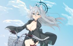 Rule 34 | 1girl, ahoge, aku oribi, animal ear fluff, animal ears, ass, bicycle, bicycle basket, black choker, black dress, black gloves, blue archive, blue eyes, blue sky, breasts, broken halo, choker, cleavage, cloud, cloudy sky, collarbone, commentary request, cross hair ornament, dress, extra ears, gloves, grey hair, hair between eyes, hair ornament, halo, holster, large breasts, long hair, long sleeves, looking at viewer, parted lips, riding, riding bicycle, shiroko (blue archive), shiroko terror (blue archive), sidelocks, sky, solo, thigh holster, thigh strap, wide sleeves, wind, wolf ears, wolf girl