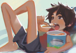 Rule 34 | 1boy, barefoot, big hero 6, brown eyes, brown hair, child, commentary request, food, full body, hiro hamada, ice cream, lying, male focus, on back, open mouth, painting (medium), shiogochi, short hair, shorts, simple background, solo, teeth, traditional media, upper teeth only