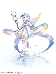 Rule 34 | 1girl, absurdly long hair, aqua eyes, dress, fuzichoco, highres, long hair, open mouth, smile, solo, staff, very long hair, water, white background, white dress, wings
