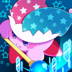 Rule 34 | blue eyes, copy ability, hat, holding, holding wand, honcha, jester cap, kirby, kirby (series), mirror kirby, multicolored clothes, multicolored hat, nintendo, no humans, smile, solo, star (symbol), wand