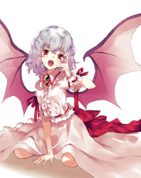 Rule 34 | 1girl, arm support, bat wings, fangs, frilled shirt, frilled shirt collar, frilled sleeves, frills, hand to head, highres, kneeling, light purple hair, long skirt, looking at viewer, nuqura, open mouth, puffy short sleeves, puffy sleeves, red eyes, red ribbon, remilia scarlet, ribbon, shirt, short hair, short sleeves, simple background, sitting, skirt, solo, touhou, white background, white shirt, white skirt, wings, wrist cuffs