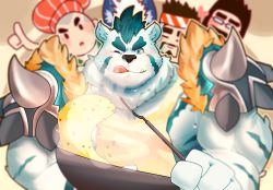 Rule 34 | 4boys, armor, bear boy, bernard (gyee), blue eyes, blurry, blurry background, blush, choji (gyee), cooking, fang, feet out of frame, food, fried rice, furry, furry male, gyee, hairy, highres, male focus, marumarunosuke, mature male, multiple boys, muscular, muscular male, one eye closed, rice, shoulder armor, sig (gyee), simple background, steam, sweat, sweatdrop, thick arms, thick eyebrows, tongue, tongue out, upper body, vundo (gyee), yang (gyee)