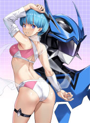 Rule 34 | 1boy, 1girl, armor, ass, blue eyes, blue hair, blush, breasts, crop top, from behind, helmet, highres, looking at viewer, looking back, medium breasts, nagayori, see-through, shiny skin, short hair, skindentation, smile, standing, thigh strap, wingman, wingman (wingman), yume aoi