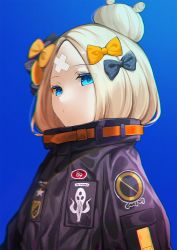 Rule 34 | 1girl, abigail williams (fate), abigail williams (traveling outfit) (fate), bad id, bad pixiv id, bandaid, bandaid on face, bandaid on forehead, belt, black bow, black jacket, blonde hair, blue background, blue eyes, bow, breasts, crossed bandaids, fate/grand order, fate (series), forehead, hair bow, hair bun, heroic spirit traveling outfit, high collar, highres, jacket, kernel killer, long hair, long sleeves, looking at viewer, multiple bows, official alternate costume, orange belt, orange bow, parted bangs, polka dot, polka dot bow, single hair bun, small breasts, solo