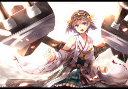 Rule 34 | 10s, 1girl, bare shoulders, blue eyes, brown hair, clenched hands, detached sleeves, hairband, headgear, hiei (kancolle), highres, japanese clothes, kantai collection, letterboxed, nontraditional miko, open mouth, pantyhose, personification, ribbon-trimmed sleeves, ribbon trim, sakura ani, short hair, skirt, solo