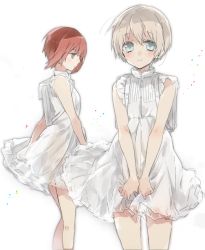 Rule 34 | 10s, 2girls, alternate costume, bare shoulders, blonde hair, blue eyes, blunt bangs, brown eyes, brown hair, dress, kantai collection, looking at viewer, multiple girls, short hair, simple background, sino (sionori), smile, sundress, white background, white dress, z1 leberecht maass (kancolle), z3 max schultz (kancolle)