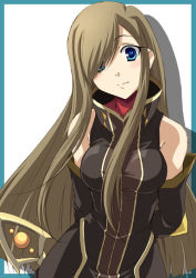 Rule 34 | 00s, 1girl, bare shoulders, blue eyes, brown hair, detached sleeves, hair over one eye, izumi mahiru, long hair, simple background, solo, tales of (series), tales of the abyss, tear grants, white background