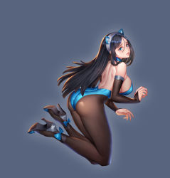 Rule 34 | 1girl, absurdres, animal ears, ankle bow, ankle ribbon, arched back, ass, back, backless leotard, bare back, bare shoulders, black hair, blue background, blue bow, blue choker, blue eyes, blue leotard, bow, breasts, bridal gauntlets, brown gloves, brown pantyhose, cat ears, choker, dark night (darkotl), elbow gloves, fake animal ears, full body, gloves, grey footwear, high heels, highres, jumping, kittysuit, large breasts, leg ribbon, leotard, long hair, looking at viewer, looking back, nontraditional playboy bunny, original, pantyhose, parted lips, ribbon, shoes, sideboob, solo, strapless, strapless leotard, swept bangs
