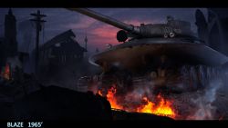 Rule 34 | battle, cloud, day, fire, highres, house, military, military vehicle, motor vehicle, no humans, object 279, original, real life, realistic, ruins, searchlight, smoke, solaris (xorn), tank, vehicle focus, window