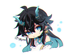 Rule 34 | 1boy, ahoge, aqua eyes, aqua hair, aqua horns, artist name, black hair, chibi, cleavage cutout, closed mouth, clothing cutout, commentary request, dan heng (honkai: star rail), dan heng (imbibitor lunae) (honkai: star rail), detached sleeves, dragon horns, earrings, expressionless, eyeshadow, gold earrings, hair between eyes, honkai: star rail, honkai (series), horns, jewelry, long hair, long sleeves, looking at viewer, makeup, male focus, multicolored hair, naho (pi988y), pointy ears, red eyeshadow, shirt, sidelocks, simple background, single earring, sleeveless, sleeveless shirt, solo, sweatdrop, twitter username, upper body, white background, white shirt, white sleeves