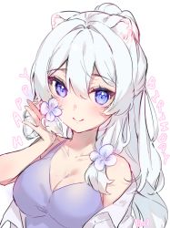 Rule 34 | 1girl, animal ear fluff, animal ears, bare arms, bare shoulders, blue flower, breasts, cheli (kso1564), cleavage, collarbone, copyright request, dress, flower, hair flower, hair ornament, hand up, happy birthday, highres, long hair, medium breasts, off shoulder, open clothes, open shirt, ponytail, purple dress, shirt, simple background, sleeveless, sleeveless dress, solo, white background, white hair, white shirt