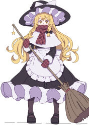 Rule 34 | 1girl, absurdres, apron, blonde hair, bow, braid, broom, covered mouth, full body, hat, hat bow, highres, holding, holding broom, kame (kamepan44231), kirisame marisa, long hair, red scarf, scarf, simple background, solo, standing, touhou, waist apron, white background, witch hat, yellow eyes
