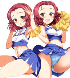 Rule 34 | 10s, 1girl, bad id, bad nicoseiga id, bare arms, blue panties, blue skirt, breasts, brown eyes, cheerleader, eyebrows, facial mark, forehead mark, girls und panzer, hand up, looking at viewer, midriff, miniskirt, multiple views, navel, open mouth, panties, pantyshot, pom pom (cheerleading), ponytail korosuke, red hair, rosehip (girls und panzer), simple background, skirt, sleeveless, small breasts, smile, sweat, underwear, white background