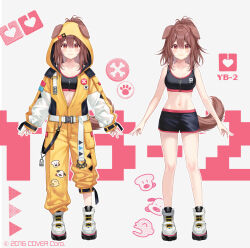 1girl :3 animal_ears belt black_shorts black_sports_bra breasts brown_eyes brown_hair closed_mouth colored_shoe_soles commentary_request copyright_notice dog_ears dog_girl dog_tail double-parted_bangs ears_through_hood fukahire_(ruinon) full_body futo-inu hair_between_eyes high_ponytail high_tops hololive hood hood_up hooded_jumpsuit hoso-inu inugami_korone inugami_korone_(8th_costume) jumpsuit listener_(inugami_korone) medium_breasts medium_hair messy_hair navel official_alternate_costume official_alternate_hairstyle official_art partially_unzipped shoes short_shorts shorts sidelocks sneakers sports_bra stomach tail variations virtual_youtuber white_belt white_footwear