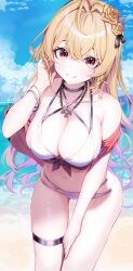 Rule 34 | 1girl, ahoge, bangle, beach, bikini, black choker, blonde hair, bracelet, breasts, choker, cleavage, closed mouth, cloud, commission, cream (cream), criss-cross halter, crown, day, flower, front-tie bikini top, front-tie top, ha en, hair flower, hair ornament, halterneck, hand on own thigh, hand up, highres, jewelry, large breasts, leaning forward, long hair, looking at viewer, mini crown, mole, mole under eye, multi-strapped bikini, navel, necklace, original, outdoors, red eyes, slit pupils, smile, solo, standing, stomach, string bikini, swimsuit, thigh gap, thigh strap, thighs, very long hair, white bikini