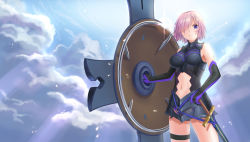 Rule 34 | 1girl, armor, armored dress, bare legs, bare shoulders, black dress, black gloves, breasts, closed mouth, clothing cutout, cloud, cowboy shot, day, dress, elbow gloves, fate/grand order, fate (series), female focus, gloves, hair over one eye, hand on own hip, highres, holding, holding shield, holding sword, holding weapon, large breasts, legband, legs, light purple hair, looking at viewer, mash kyrielight, multicolored clothes, multicolored gloves, navel, navel cutout, purple eyes, purple gloves, serious, sheath, shield, short dress, short hair, sky, skyrail, sleeveless, sleeveless dress, sleeveless turtleneck, solo, standing, sunlight, sword, turtleneck, type-moon, weapon