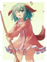 Rule 34 | 1girl, animal ears, ar (maeus), blush, broom, dog ears, dog tail, dress, feet out of frame, green eyes, green hair, hair between eyes, heart, holding, holding broom, kasodani kyouko, long sleeves, one eye closed, open mouth, pink dress, short hair, smile, solo, tail, touhou