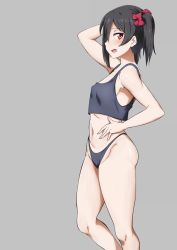 Rule 34 | 1girl, arm up, bare arms, bare legs, bare shoulders, black panties, blush, bow, breasts, camisole, feet out of frame, from side, grey background, hair bow, hand on own hip, looking at viewer, looking to the side, love live!, navel, open mouth, panties, profile, red bow, red eyes, short hair, short twintails, sideways glance, simple background, small breasts, solo, standing, stomach, twintails, underwear, underwear only, uzumi (uzumi yosi), yazawa nico