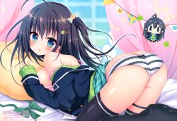 Rule 34 | 1girl, absurdres, ahoge, ass, bare shoulders, black hair, black jacket, black thighhighs, blue eyes, bow, bowtie, bra, breasts, curtains, hair ornament, hairclip, highres, huge filesize, jacket, long hair, looking at viewer, lying, medium breasts, no shoes, one side up, original, panties, picpicgram, pillow, pink bra, plaid, plaid skirt, scan, skirt, solo, strap slip, striped clothes, striped panties, thigh strap, thighhighs, underwear, white panties