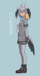 Rule 34 | 1girl, ankle boots, bird girl, bird tail, bird wings, black footwear, black gloves, blonde hair, blue background, boots, breast pocket, character name, closed mouth, collared shirt, cross-laced footwear, feathered wings, fingerless gloves, from side, frown, full body, gloves, green eyes, grey pantyhose, grey shirt, grey shorts, hair between eyes, head wings, highres, kemono friends, lace-up boots, long hair, looking at viewer, multicolored hair, necktie, pantyhose, pocket, shirt, shoebill (kemono friends), short sleeves, shorts, side ponytail, silver hair, simple background, solo, tail, tanuki koubou, two-tone hair, white necktie, wings