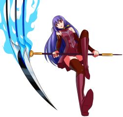 Rule 34 | 1girl, alternate costume, blue hair, boots, cape, detached sleeves, dress, haqua d&#039;rot herminium, kami nomi zo shiru sekai, long hair, non-web source, red eyes, red thighhighs, scythe, solo, thigh boots, thighhighs, transparent background, weapon, zettai ryouiki