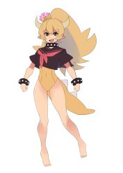 Rule 34 | 1girl, :d, azuumori, bare legs, barefoot, black sailor collar, black shirt, blonde hair, blue eyes, bowsette, collar, covered navel, cropped shirt, crown, fang, full body, horns, lizard tail, long hair, looking at viewer, mario (series), mini crown, neckerchief, new super mario bros. u deluxe, nintendo, one-piece swimsuit, open mouth, pointy ears, ponytail, red neckerchief, red pupils, sailor collar, school uniform, serafuku, shirt, short sleeves, simple background, smile, solo, studded bracelet, studded collar, super crown, swimsuit, tail, tilted headwear, white background, yellow one-piece swimsuit