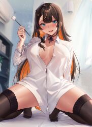 Rule 34 | 1girl, black thighhighs, blue eyes, bow, breasts, brown hair, copyright request, hair ornament, hairclip, highres, large breasts, long hair, looking at viewer, multicolored hair, necktie, no shoes, orange hair, padoruu, shirt, smile, solo, squatting, thighhighs, very long hair, white shirt