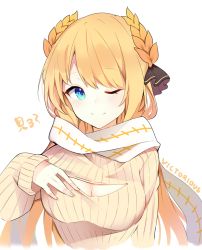 Rule 34 | 1girl, absurdres, azur lane, blonde hair, blue eyes, breasts, brown sweater, character name, cleavage, cleavage cutout, closed mouth, clothing cutout, cropped torso, highres, large breasts, laurel crown, long hair, long sleeves, looking at viewer, one eye closed, paaru, ribbed sweater, scarf, simple background, smile, solo, sweater, victorious (azur lane), white background