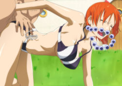 Rule 34 | 1girl, ass, ass grab, bare shoulders, bent over, bikini, bouncing breasts, breasts, cleavage, clothed sex, doggystyle, closed eyes, grass, hanging breasts, jewelry, kyabakurabakufu, large breasts, legs, nami (one piece), navel, necklace, one piece, open mouth, orange hair, pirate, sex, sex from behind, short hair, side-tie bikini bottom, swimsuit, thighs, vaginal
