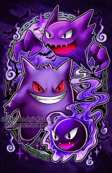 Rule 34 | abstract background, bat (animal), black eyes, chain, cloud, colored sclera, commentary, creature, creatures (company), english commentary, evil smile, evolution, evolutionary line, fangs, flying, full body, game freak, gastly, gen 1 pokemon, gengar, ghost, grin, haunter, looking at viewer, nintendo, no humans, pokemon, pokemon (creature), purple background, purple theme, red sclera, retkikosmos, sharp teeth, smile, teeth, watermark, web address