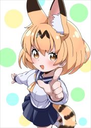 Rule 34 | 1girl, :d, alternate costume, animal ear fluff, animal ears, bad id, bad twitter id, blonde hair, blue skirt, brown eyes, contemporary, extra ears, highres, index finger raised, kemono friends, long sleeves, looking at viewer, medium hair, nekonyan (inaba31415), open mouth, pointing, pointing at viewer, school uniform, serafuku, serval (kemono friends), serval tail, simple background, skirt, smile, solo, tail