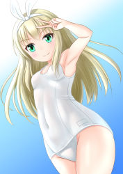 Rule 34 | 1girl, armpits, baselard, blonde hair, blue background, blunt bangs, breasts, commentary request, cowboy shot, frame arms girl, from below, gradient background, green eyes, hairband, highres, long hair, looking at viewer, one-piece swimsuit, satsuki sanae, school swimsuit, small breasts, smile, solo, swimsuit, v, white hairband, white one-piece swimsuit, white school swimsuit