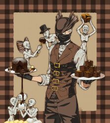 Rule 34 | 1boy, 6+others, :d, :o, arizuka (catacombe), belt, black gloves, bloodborne, bow, brown background, brown headwear, brown pants, brown vest, chocolate, dress shirt, food, fork, frilled bow, frills, gloves, grey hair, hair bow, hat, highres, holding, holding fork, holding tray, hunter (bloodborne), male focus, messengers (bloodborne), multiple others, open mouth, pants, plaid, plaid background, red bow, shirt, short hair, smile, striped bow, striped clothes, striped shirt, teeth, tray, tricorne, upper teeth only, vest