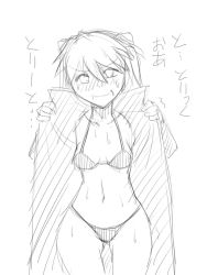 Rule 34 | 1girl, bare legs, bare shoulders, bikini, breasts, embarrassed, exhibitionism, highleg, highleg bikini, highres, long hair, looking at viewer, monochrome, neon genesis evangelion, open clothes, open mouth, public indecency, shinama, sketch, souryuu asuka langley, standing, sweat, swimsuit, translation request, twintails