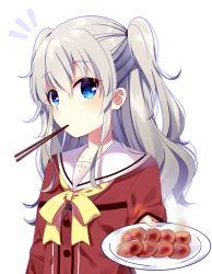 Rule 34 | 10s, 1girl, bad id, bad pixiv id, blue eyes, charlotte (anime), chopsticks, food, highres, long hair, looking at viewer, mafuyu (chibi21), meat, mouth hold, plate, school uniform, serafuku, silver hair, simple background, solo, tomori nao, twintails, two side up