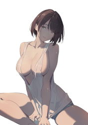 Rule 34 | 1girl, absurdres, bare arms, bare legs, bare shoulders, blue shorts, breasts, brown eyes, brown hair, cleavage, collarbone, eyes visible through hair, hair between eyes, highres, huang (volt0526), large breasts, looking at viewer, makeup, mascara, original, parted lips, short hair, short shorts, shorts, sideboob, simple background, skindentation, solo, tank top, white background, white tank top