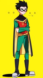 Rule 34 | 1boy, black cape, black footwear, black hair, blush, boots, cape, crossed arms, dc comics, eye mask, full body, gloves, green gloves, green pants, highres, huyandere, image sample, pants, red shirt, robin (dc), shirt, short hair, short sleeves, simple background, solo, standing, teen titans, tumblr sample, yellow background
